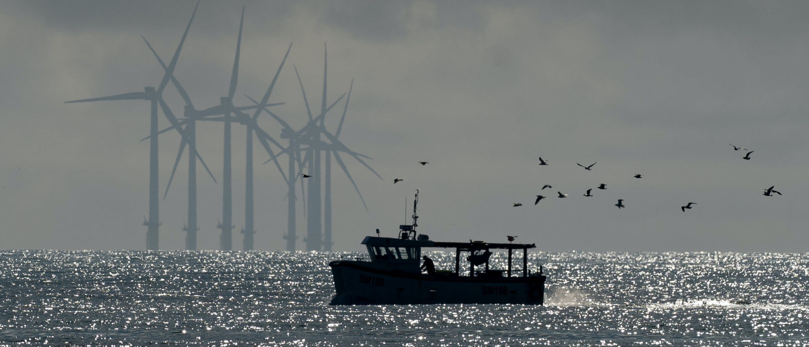 The picture shows a ship in front of off-shore wind mills.