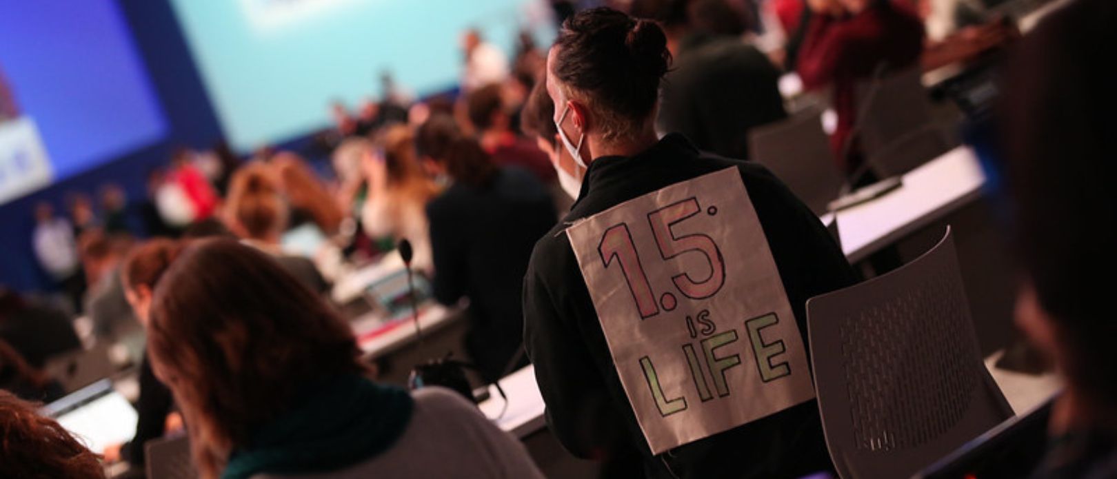 View from behind of an audience at the United Nations Climate Change Conference. A spectator wears a sign reading "1.5 is Life". 