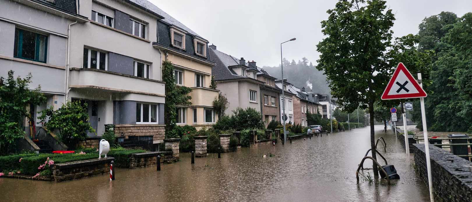Flooded street in Clausen, Luxembourg
