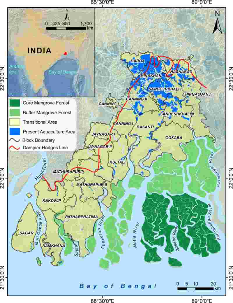 Coloured map of the Sundarbans a biosphere reserve in eastern India.